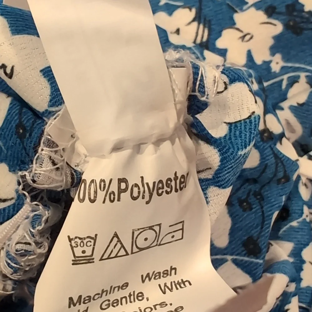 SHEIN Blue And White Floral Off Shoulder Tie Bust Ruched Front Mini Dress Large